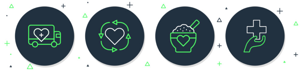 Set line Volunteer, Donation food, Humanitarian truck and Heart with cross icon. Vector