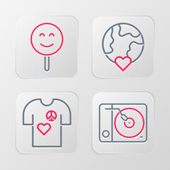 Set line Vinyl player, Peace t-shirt print stamp, The heart world love and Smile face icon. Vector