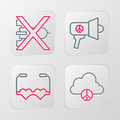 Set line Peace cloud, Heart shaped love glasses, Megaphone and No war icon. Vector