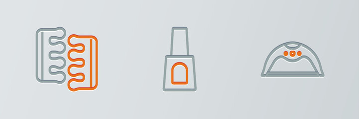 Set line Manicure lamp, Toe separator for pedicure and Bottle of nail polish icon. Vector