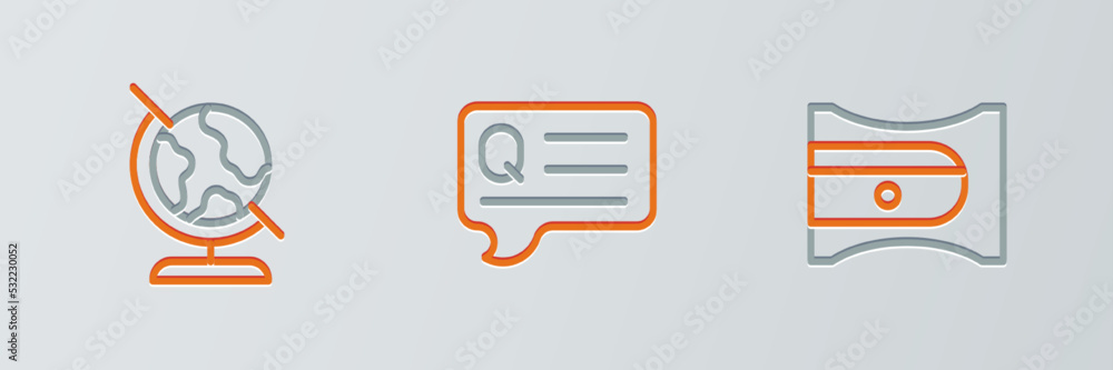 Poster set line pencil sharpener, earth globe and speech bubbles with question icon. vector