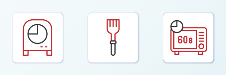 Set line Microwave oven, Kitchen timer and Fork icon. Vector