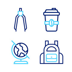 Set line School backpack, Earth globe, Coffee cup to go and Drawing compass icon. Vector