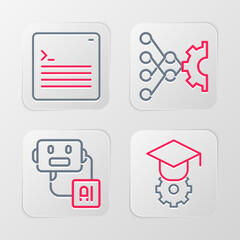 Set line Graduation cap, Artificial intelligence robot, Neural network and Web developer programming code icon. Vector