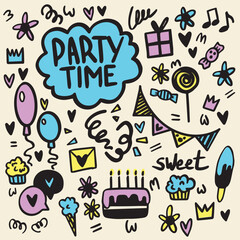 Party time doodle vector illustrations set on background