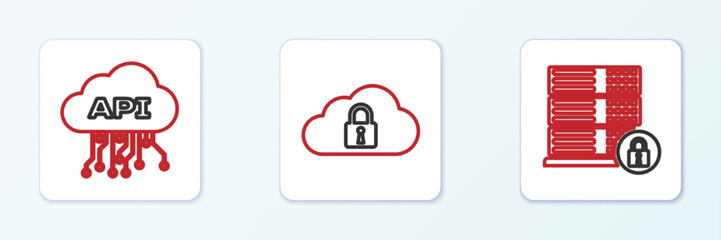 Set line Server security with lock, Cloud api interface and computing icon. Vector