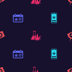 Set Online buying marijuana, Calendar and, Test tube with and Marijuana or cannabis seeds on seamless pattern. Vector