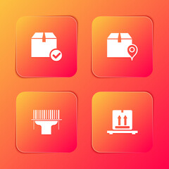 Set Package box with check mark, Location cardboard, Scanner scanning bar code and Cardboard boxes pallet icon. Vector