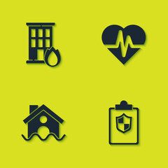 Set Fire in burning house, Document with shield, House flood and Health insurance icon. Vector