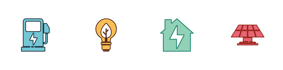 Set Electric car charging station, Light bulb with leaf, House and lightning and Solar energy panel icon. Vector