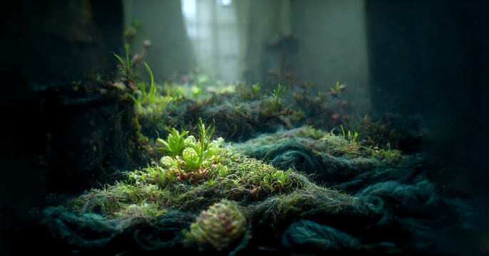 Cose-up of abstract green moss on forest soil in small room lab background 3d render illustration