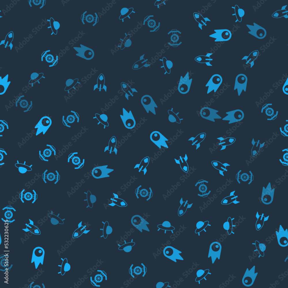 Aufkleber set ufo flying spaceship, rocket, comet falling down fast and cosmic on seamless pattern. vector