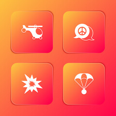 Set Helicopter, Peace, Bomb explosion and Parachute icon. Vector