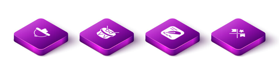 Set Isometric Western cowboy hat, Drum and drum sticks, Declaration of independence and American flag icon. Vector