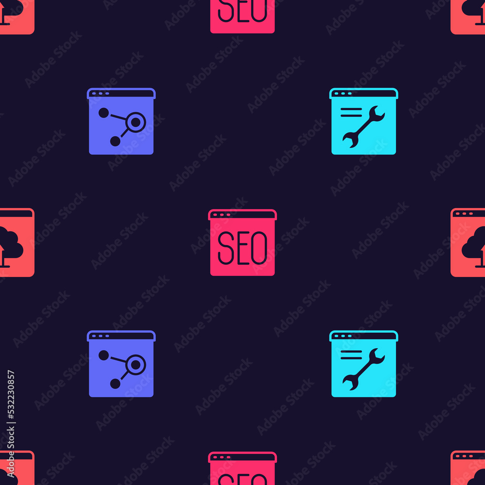 Poster set browser setting, window, seo optimization and cloud upload on seamless pattern. vector