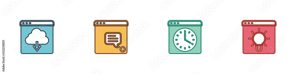 Poster set cloud download, new chat messages notification, browser window and icon. vector