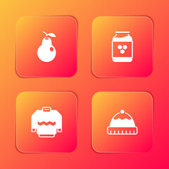 Set Pear, Jar of honey, Sweater and Winter hat icon. Vector