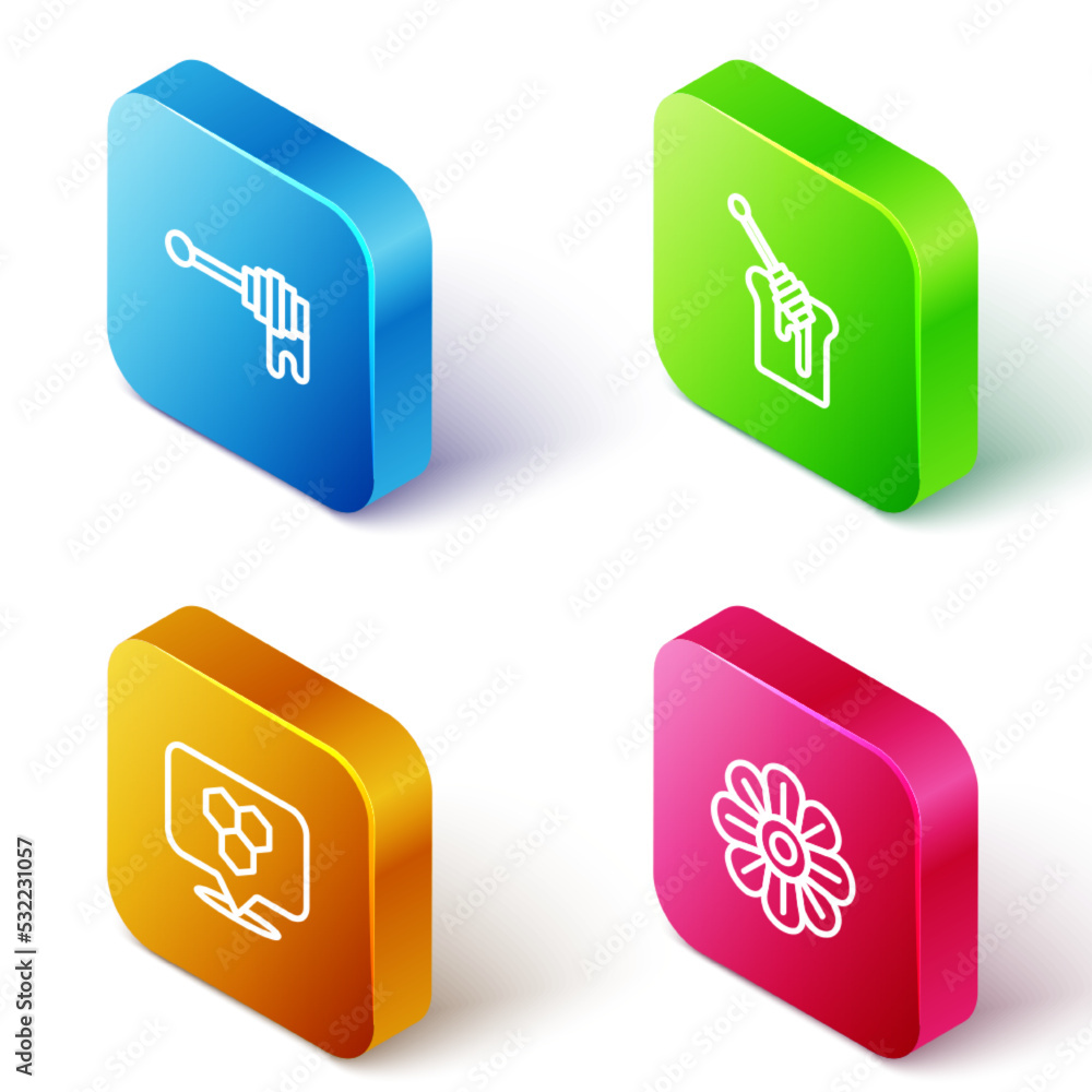 Sticker set isometric line honey dipper stick with honey, , honeycomb bee location and flower icon. vector