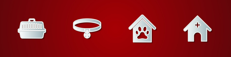 Set Pet carry case, Collar with name tag, Dog house and paw print pet and Veterinary medicine hospital icon. Vector