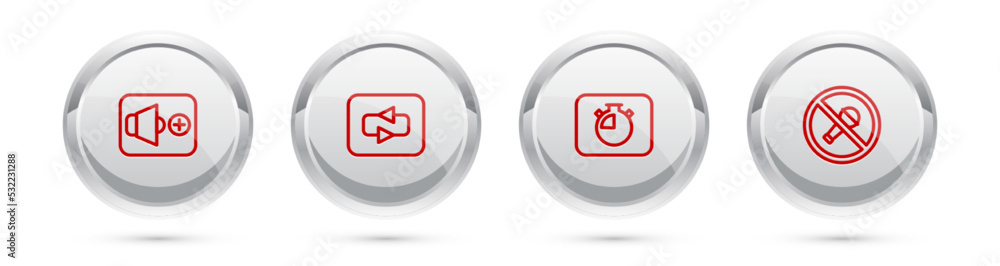 Poster set line speaker volume, repeat button, stopwatch and mute microphone. silver circle button. vector