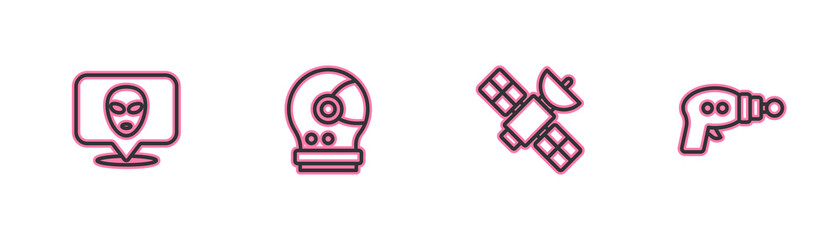 Set line Alien, Satellite, Astronaut helmet and Ray gun icon. Vector