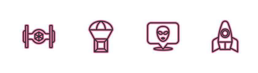 Set line Cosmic ship, Alien, Box flying on parachute and Rocket icon. Vector