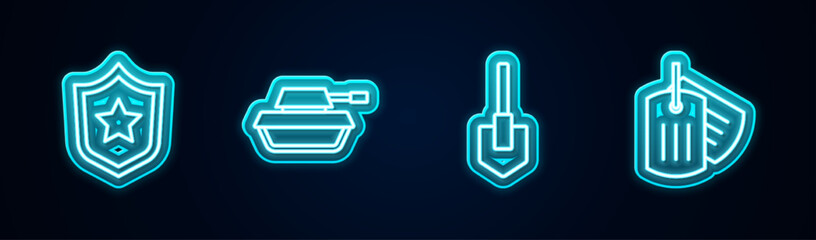 Set line Police badge, Military tank, Shovel and dog tag. Glowing neon icon. Vector