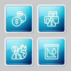 Set line Debt ball chained to coin, Shutdown of factory, Global economic crisis and Drop crude oil price icon. Vector