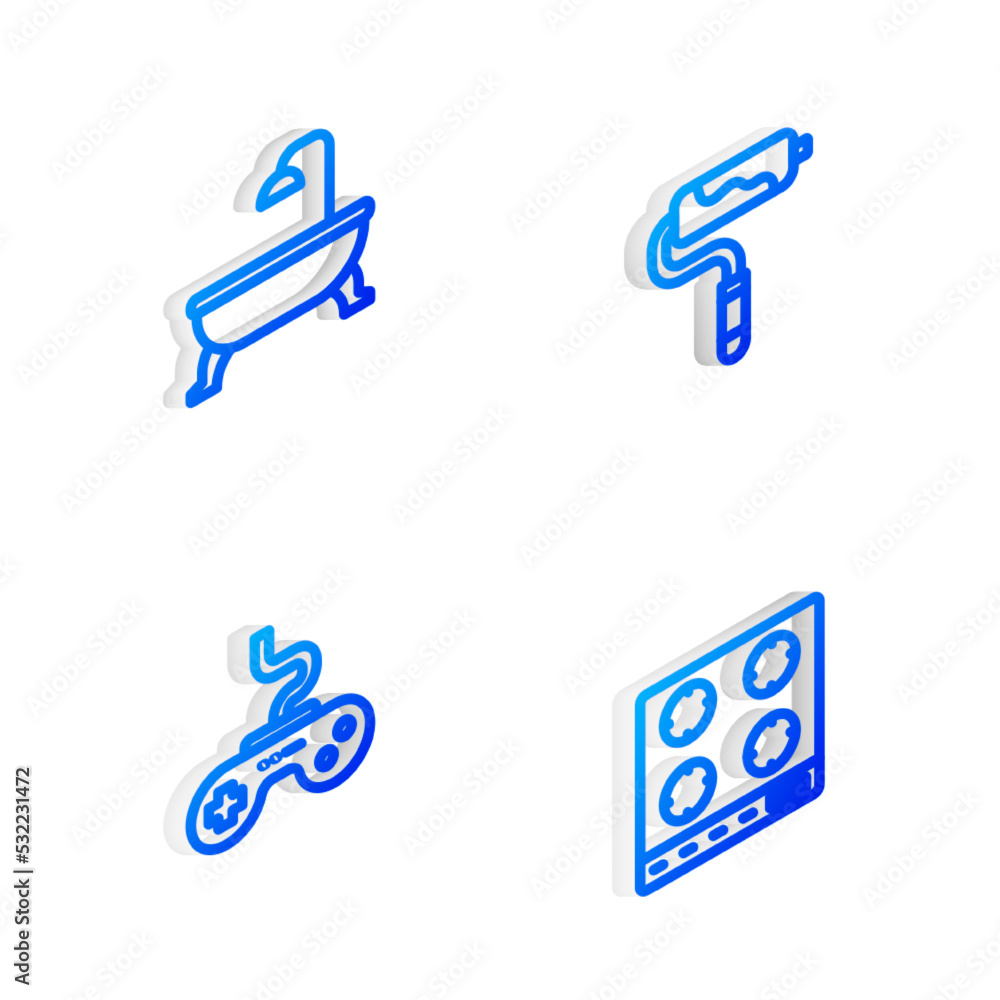 Canvas Prints Set Isometric line Paint roller brush, Bathtub, Gamepad and Gas stove icon. Vector