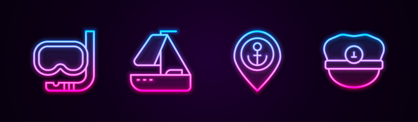 Set line Diving mask and snorkel, Yacht sailboat, Location with anchor and Captain hat. Glowing neon icon. Vector