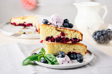 Blueberry sponge cake with berry ice cream.