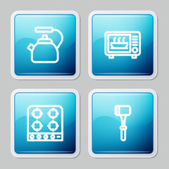 Set line Kettle with handle, Microwave oven, Gas stove and Kitchen hammer icon. Vector