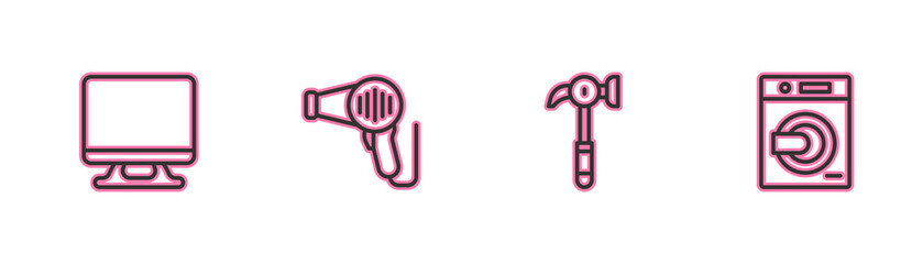 Set line Smart Tv, Hammer, Hair dryer and Washer icon. Vector