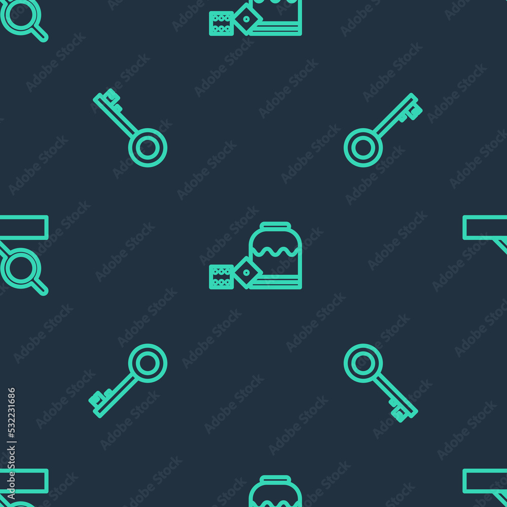 Poster set line pirate game dice, key and eye patch on seamless pattern. vector
