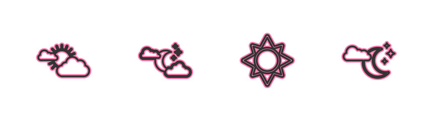 Set line Sun and cloud weather, , Cloud with moon stars and icon. Vector