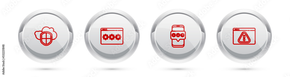 Poster set line cloud and shield, password protection, mobile password and browser with exclamation mark. s
