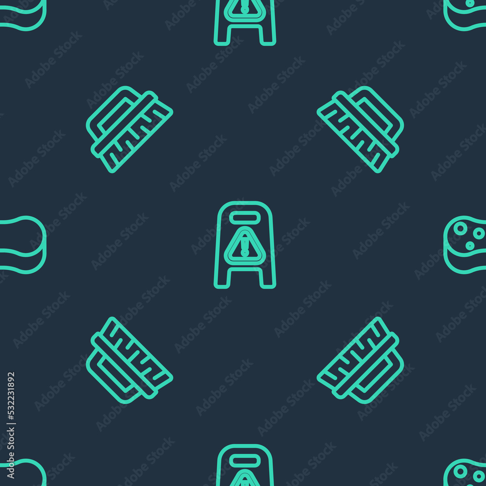 Poster set line wet floor and cleaning in progress, brush for and sponge on seamless pattern. vector