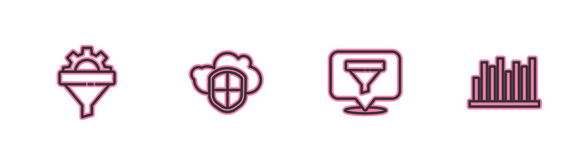 Set line Sales funnel with gear, Location sales, Cloud and shield and Pie chart infographic icon. Vector