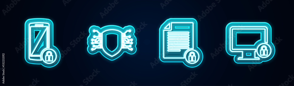 Poster set line smartphone with lock, cyber security, document and and lock monitor. glowing neon icon. vec