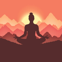 Silhouette of a woman meditating in the mountains at sunrise	