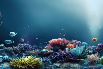 Fototapeta na wymiar Wonderful and beautiful underwater world with corals and tropical fish. 3d render, Raster illustration.