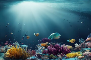 Wonderful and beautiful underwater world with corals and tropical fish. 3d render, Raster illustration.