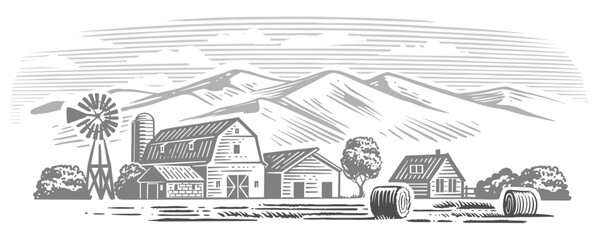 Field with haystacks. Farming landscape with mountain © bioraven