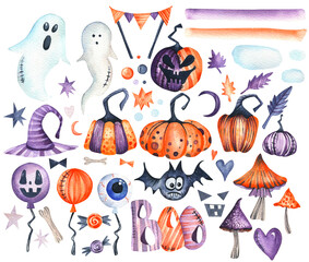 Halloween. Big watercolor set of elements. Hand-drawn holiday pumpkins, ghosts, magic mushrooms, bat, hat and more. Orange, purple colors. Autumn, holiday