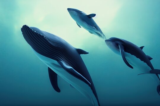 Killer whales swim on the surface. 3d render, Raster illustration.