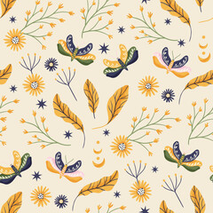 Boho moth floral seamless pattern. Vector flower magic mystic boho background modern art.