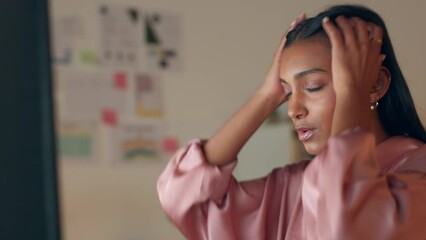 Stress, anxiety and overtime, a woman at working late at computer in office. Frustration, bad time management and planning and a businesswoman busy on project, report or deal at night in a dark room.