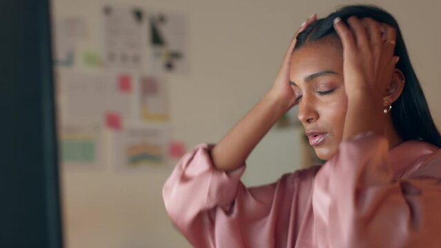 Stress, anxiety and overtime, a woman at working late at computer in office. Frustration, bad time management and planning and a businesswoman busy on project, report or deal at night in a dark room.