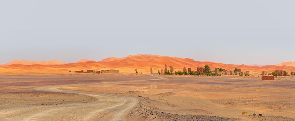 General view of the Merzouga hotels district - Merzouga, Sahara, Morocco