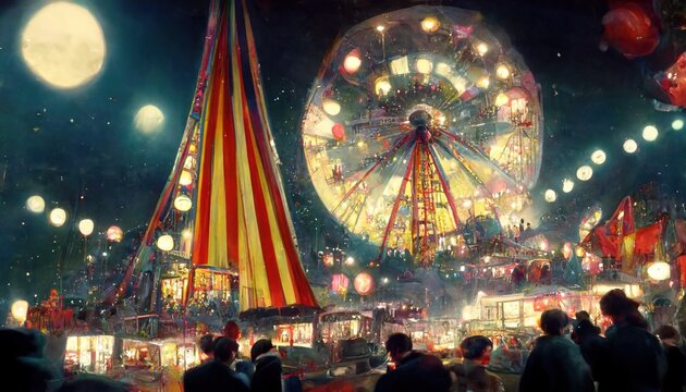 Digitally created artwork of a carnival or state fair from the 1960s. Rides, shows, shops, etc